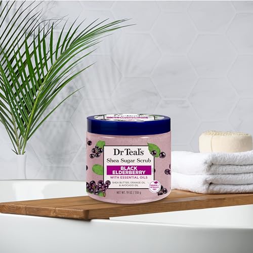 Dr Teal's Shea Sugar Body Scrub, Black Elderberry with Essential Oils, 19 oz (Pack of 3) (Packaging May Vary)