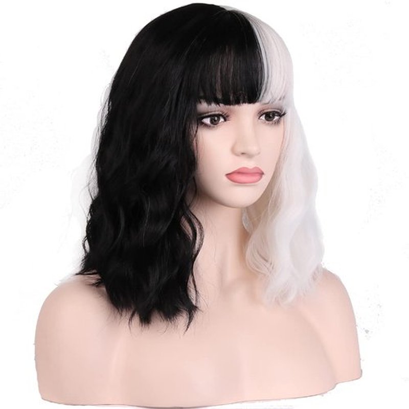 PATTNIUM Black White Wig Short Wavy Wig Black and White Wig for Women Half Black White Wig With Bangs Split Wig Synthetic Wig Lady Cosplay Costume Wig(Black and White)