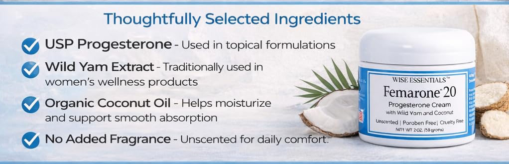 Wild Yam Progesterone Cream for Women – Femarone 20 USP Progesterone with Organic Coconut, Natural Wild Yam Extract – Menopause & Hormone Balance Support – Paraben Free Cream Wise Essentials