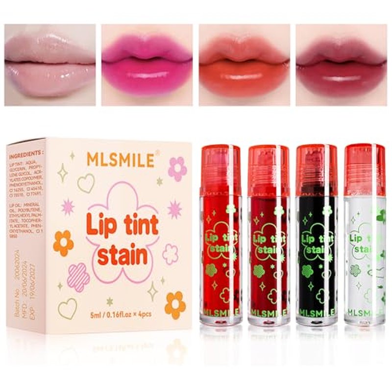 4 Colors Lip Tint Stain Set,Plumping Lip Tint,Watery Lip Stain Moisturizing Mini Liquid Lipstick,Long-Lasting&Non-Stick Cup,Multi-Use Lip and Cheek Tint Stain(Set A)