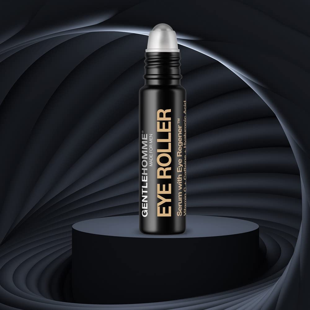 Hyaluronic Acid & Caffeine Eye Roller Serum for Men with Vitamin C – Made in USA – Depuffing Eye Roller Ball for Dark Circles & Puffiness – Mens Day & Night Anti-Aging Under Eye Serum Roller – 10ml