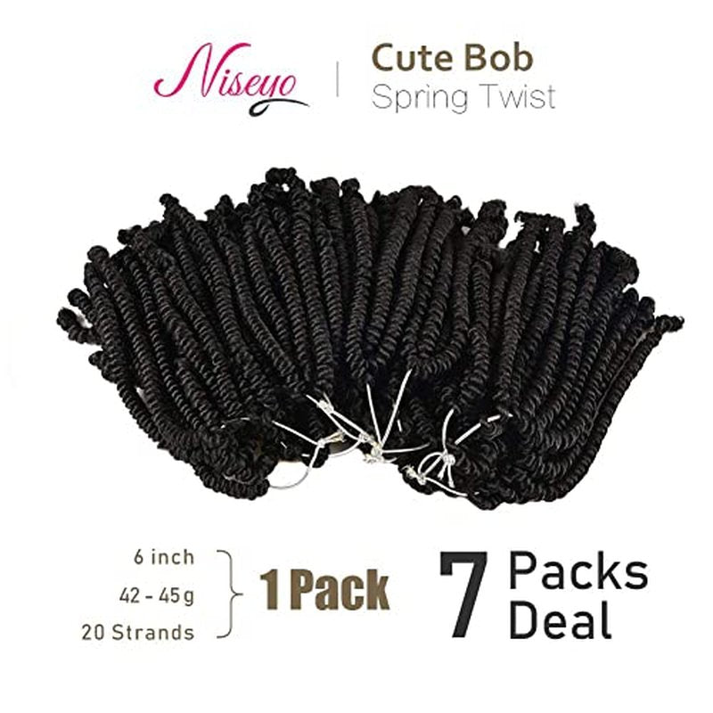 Niseyo Pre twisted Bob Spring Twist Hair 6 Inch 7 Packs Short Pre-looped Crochet Braid (1#/Jet Black)