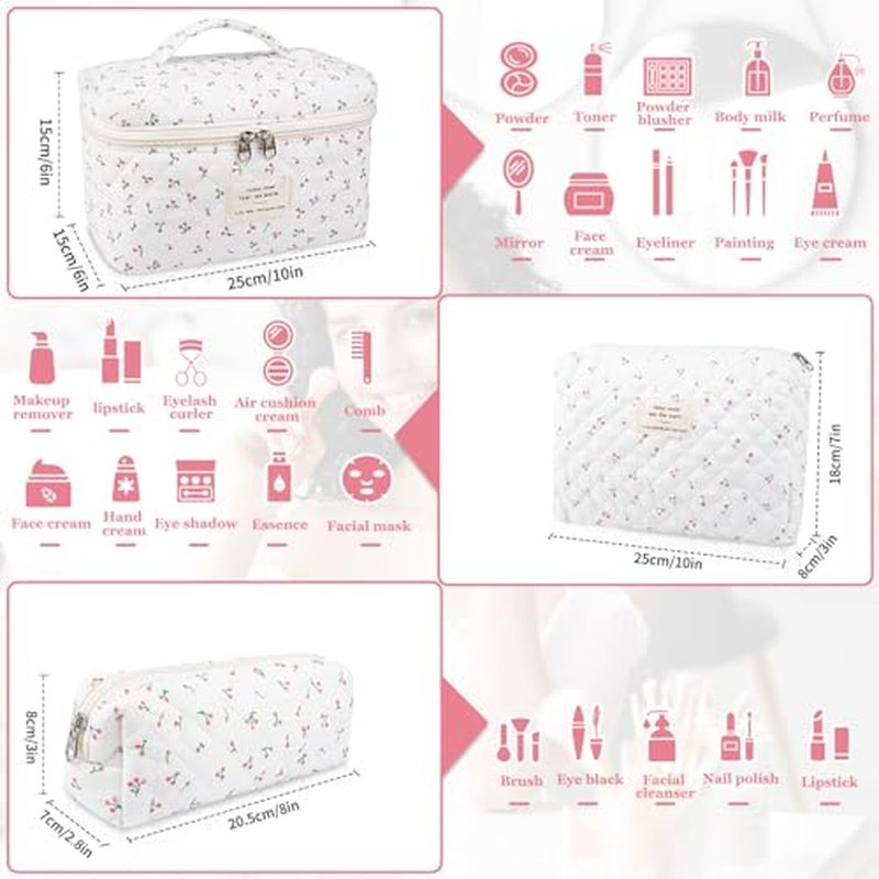 Makeup Bag Set, Quilted Makeup Bag, Large Floral Cosmetic Bag for Women, Cute Cotton Makeup Bags, Flower Travel Toiletry Organizer Bag (South Twigs Flower)