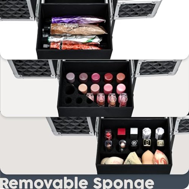 Hododou Rolling Makeup Case Cosmetic Travel Trolley Storage Sliding Drawer 4 Tray Makeup Travel Case with Wheels Salon Barber Case Traveling Cart Trunk for Cosmetologist Nail Tech Hairstylist Black
