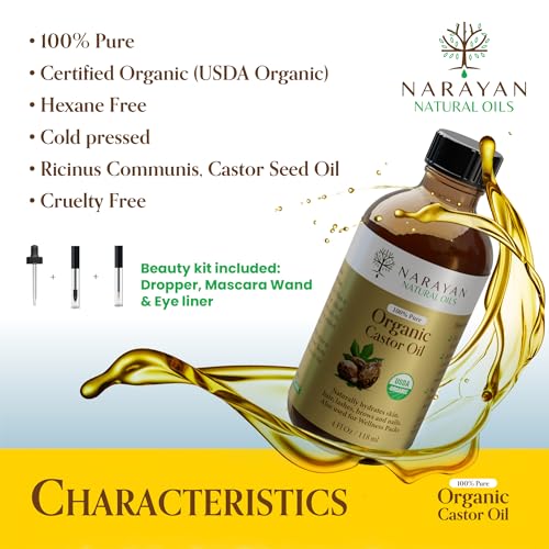 Narayan Organic Castor Oil (4 Fl Oz GLASS BOTTLE) USDA Certified Natural Hexane Free Cold Pressed — For Hair Growth, Eyelashes, Eyebrows & Skin — Extraordinary for Wellness Packs — Includes Beauty Kit