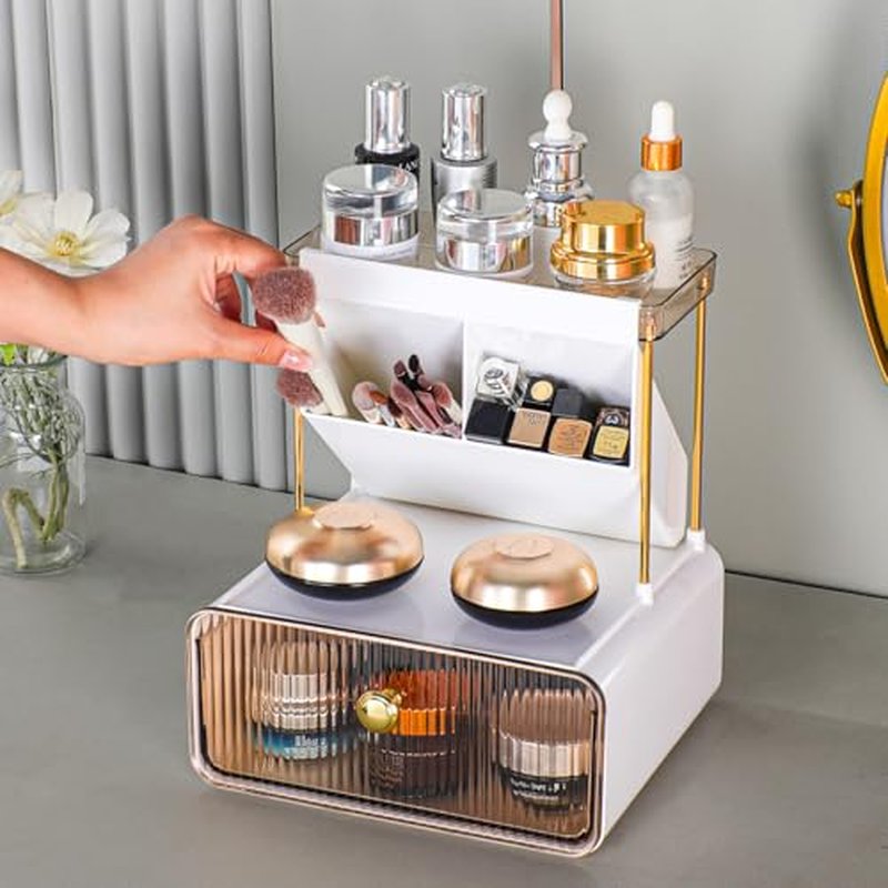 Anlynwooh Makeup Organizer with Drawer, Bathroom Organizers and Storage，Makeup Brush Holder,Lipstick and Perfume Organizer,Cosmetic and Vanity Organizer,Desk Organizer (AMBER)