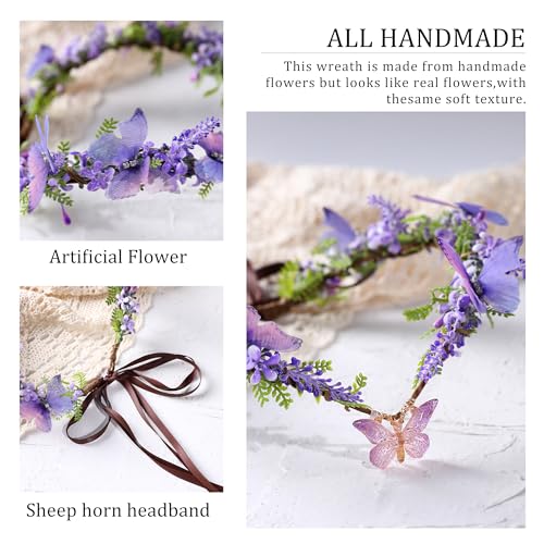 MOSTORY Purple Fairy Butterfly Crown - Handmade Flower Headpiece Floral Elf Tiara Woodland Circlet for Women Girls Spring Wedding Renaissance Party Cosplay