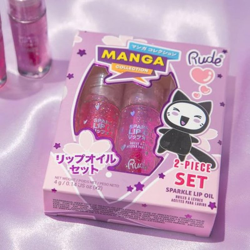 RUDE Cosmetics Manga Collection Sparkle Lip Oil Set, Cute Lip Gloss for Women & Girls, Hydrating & Moisturizing Lipgloss for Smooth, Nourished Lips, Long Lasting Glossy, Strawberry & Grape