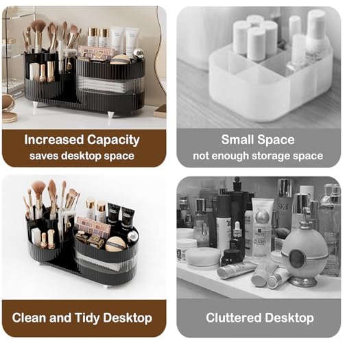 Rotating Makeup Organizer for Vanity with Brush Holder and Drawer, 3 Layer Cosmetic Makeup Storage, Large Makeup Skincare Organizer, Countertop Makeup Perfume Organizer, Lotions Display Case (Brown)
