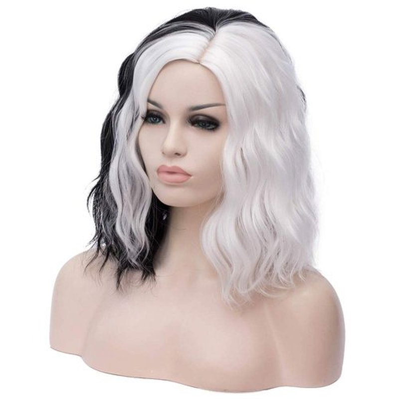 BERON 14" Women Girls Short Curly Bob Wavy Wig Body Wave Halloween Cosplay Costume Daily Party Wigs (Black and White)