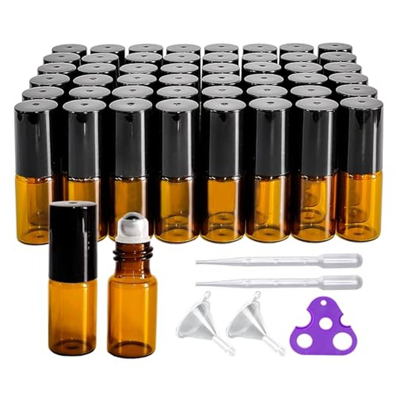 PYAWI 50 PCS 3ml Amber Glass Roller Bottle,Essential Oil Sample Vials with Stainless Steel Roller Ball,Black Caps,for Travel Perfume Cosmetics Small Container(2 Funnels, 2 Dropper, 1 Opener) (3ml)
