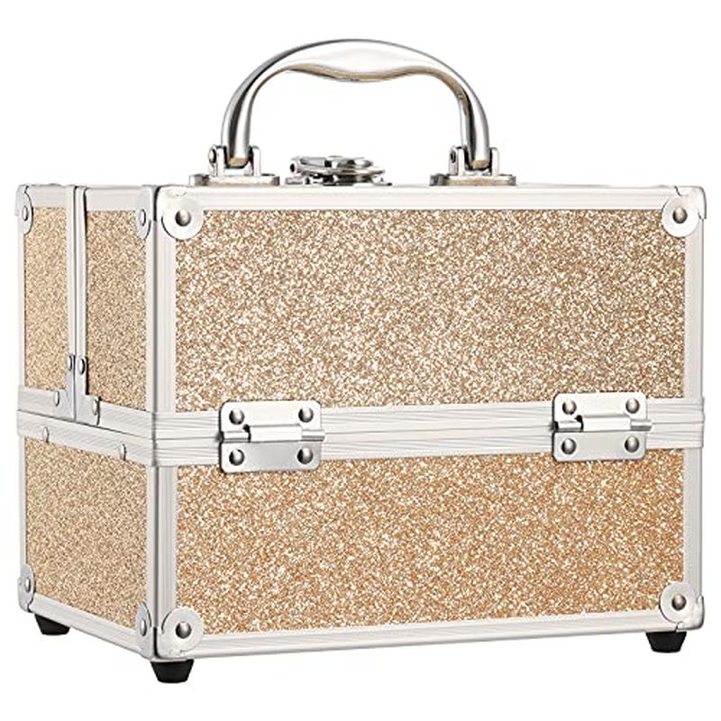 FRENESSA Makeup Train Case Portable Makeup Organizer Box 4 Trays Travel Makeup Storage for Makeup Tools Nail Kits Crafts Travel Makeup Box Gold
