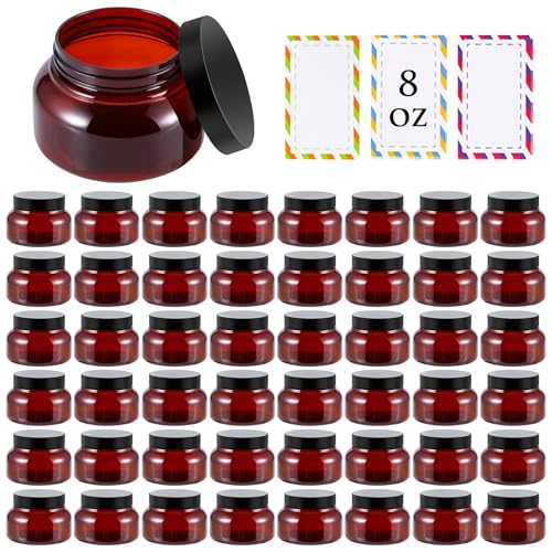 48 Pack 8 Oz Plastic Containers With Lids and Waterproof Label BPA Free - Refillable Transparent Cosmetic Containers for Body Butter,Sugar Scrubs,Cream,Lotions,Candy,Bath Salt (48, Brown)