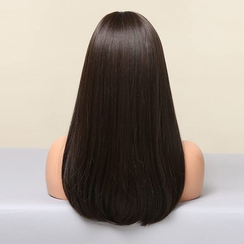 RightOn Dark Brown Wig Long Straight Wigs Deep Brown Wigs for Women Dark Brown Hair with Bangs Wig Cap Include