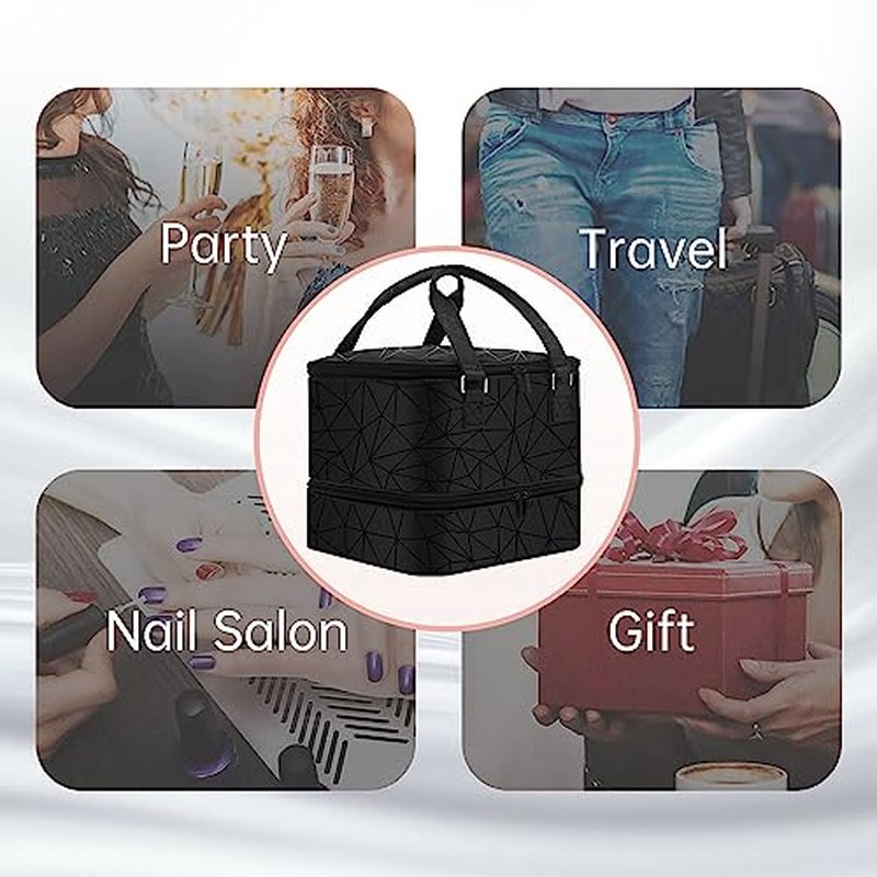 FCQQYWZ Nail Polish Organizer Case - Holds 42+ Bottles (15ml/0.5 fl.oz) and 1 Nail Lamp, Upgraded Double-layer Nail Polish Carrying Case Nail Polish Storage Bag with Handles (Black)