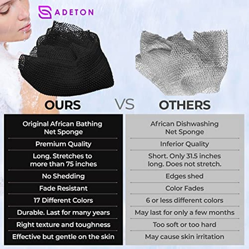 Adeton African Exfoliating Net Sponge, Authentic, Real, Body Scrubber, Long Bath Wash Cloth, Body Exfoliator, Sapo, Shower Accessories, Back Foot Scalp Scrub, Flat Dead Skin Remover Body Wash (Pink)