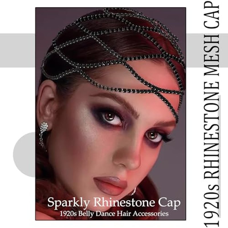 NAISKA Black Crystal Rhinestone Headpieces Caps for Women Wedding Bride Crystal Head Chain 1920S Flapper Hair Headband Jewelry Gatsby Hair Accessories for Women and Girls