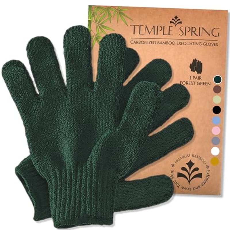 Temple Spring Exfoliating Gloves - Rayon Bamboo Bath/Shower Gloves, Bath Gloves for Shower Exfoliating and Ingrown Hair/Dead Skin Remover - Exfoliator Mitt Scrub Gloves - Forest Green
