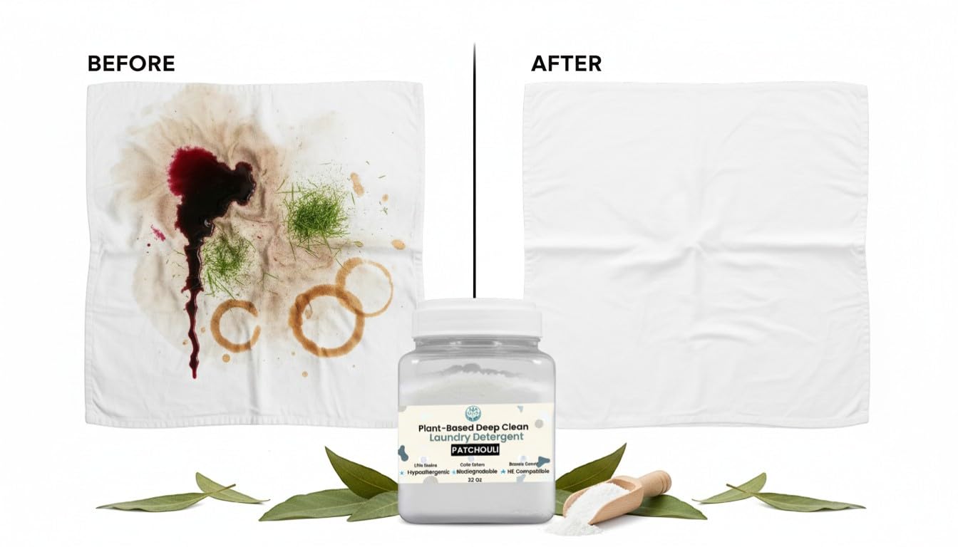 Plant-Based Deep Clean Laundry Detergent (Powder) – Hypoallergenic for Sensitive Skin, Biodegradable | Removes Tough Stains & Odors | Eco-Friendly, HE Compatible | 32 Oz (Patchouli + Sandalwood)