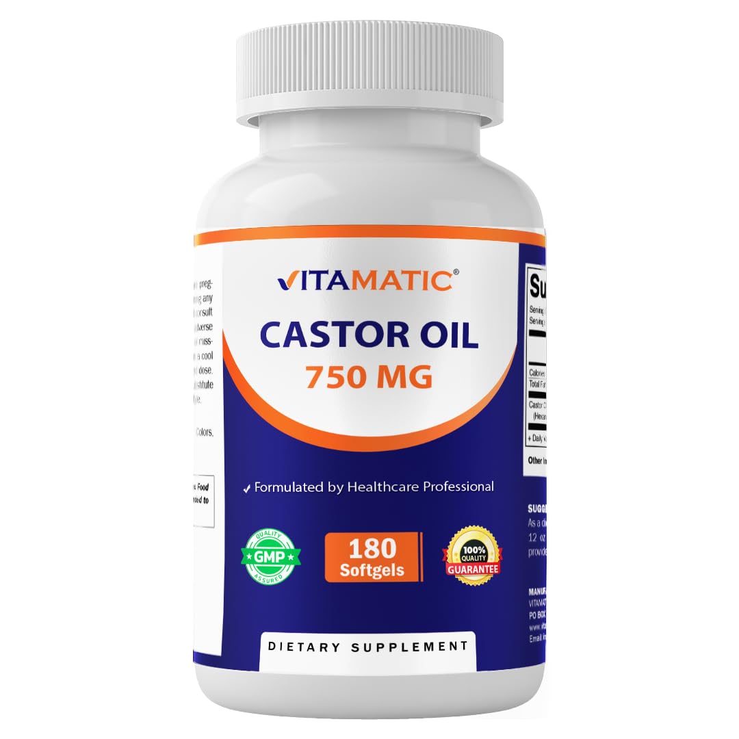 Vitamatic Castor Oil Softgels 750 mg | Cold Pressed | 180 Softgels | Easy-to-Swallow