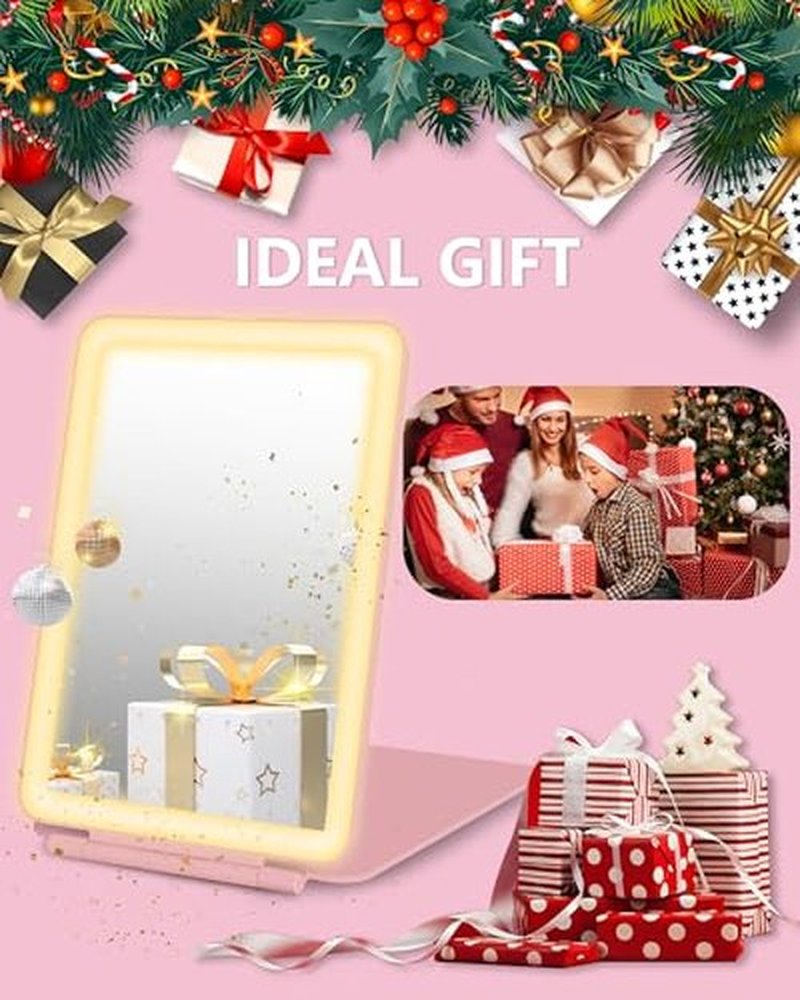 Dec.Metu Travel Mirror with Lights Makeup Mirror Touch Screen 3 Colors Light 72 LEDs Rechargeable, 1000mHA 7.9x5.3-Inch Desk Compact Mirror Pink