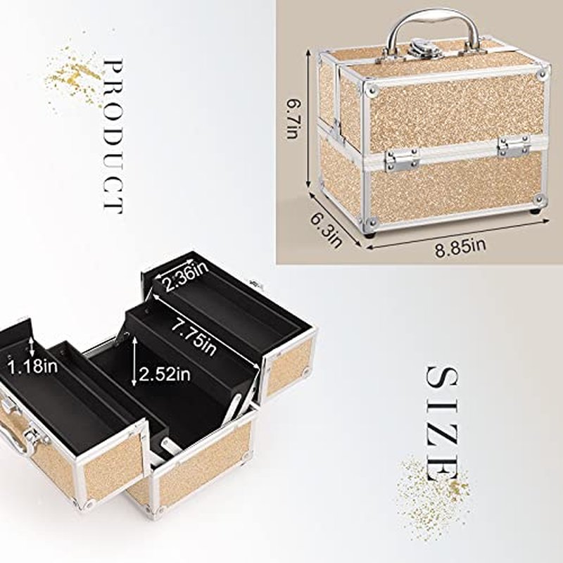 FRENESSA Makeup Train Case Portable Makeup Organizer Box 4 Trays Travel Makeup Storage for Makeup Tools Nail Kits Crafts Travel Makeup Box Gold