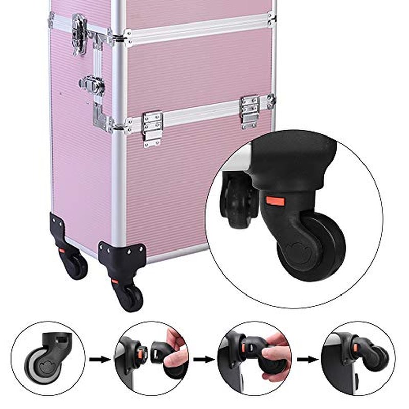 Karl home 3 in 1 Makeup Train Case Rolling Cosmetic Trolley Large Capacity Travel Organizer with Key 360°Swivel Wheels Suitcase for Beauticians Hairstylists Nail Tech Students, Pink