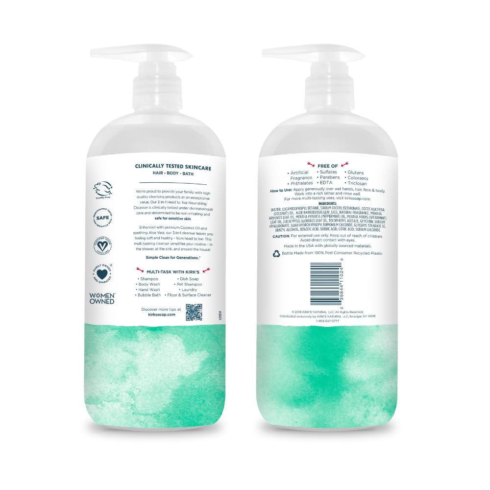 Kirk's Mint and Eucalyptus 3-in-1 Nourishing Cleanser, Shampoo Body Wash Bubble Bath, Coconut Oil and Aloe Vera, Vegan Non-GMO, 32 Fl Oz, Pack of 2