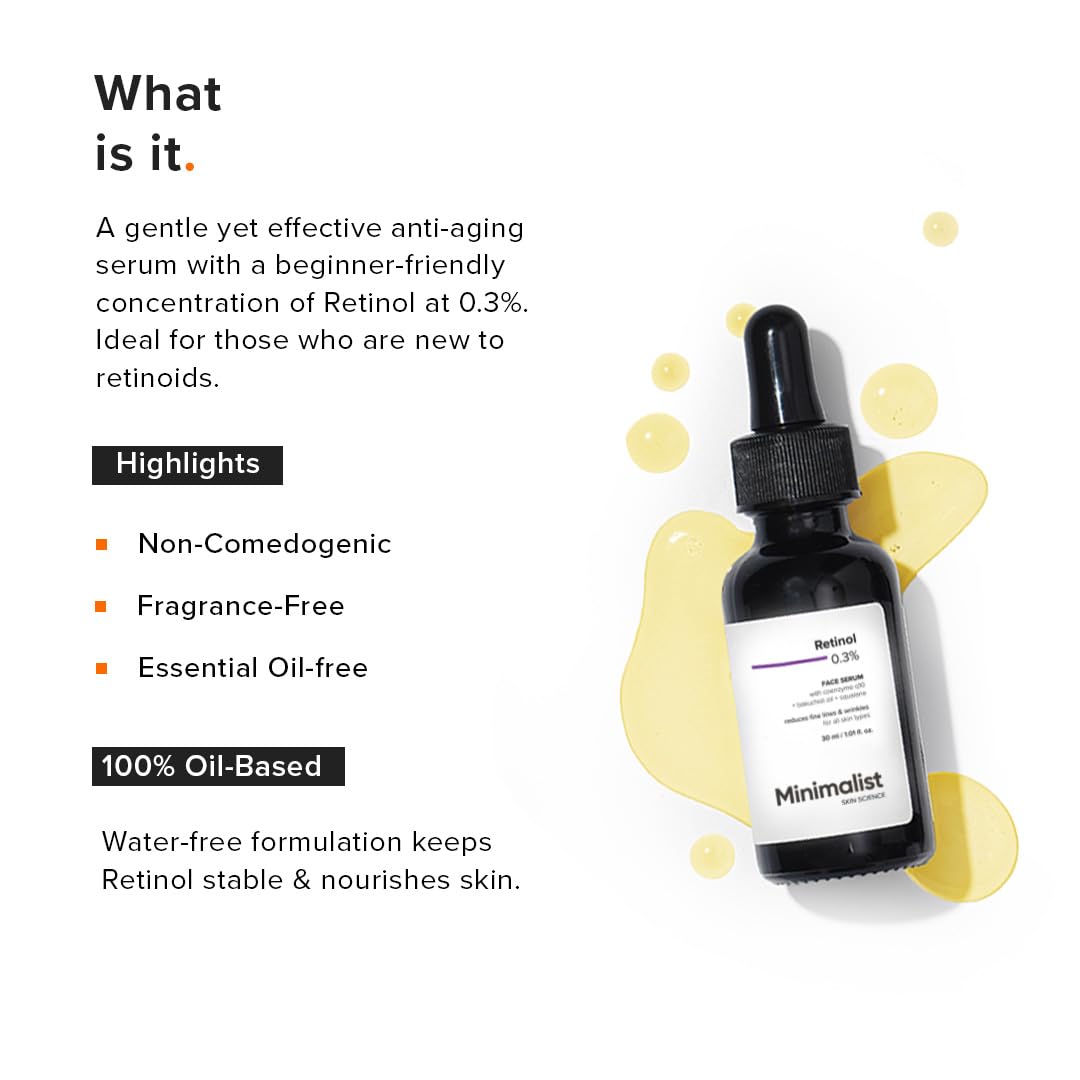 Minimalist Retinol 0.3% Face Serum With Squalane & Bakuchiol for Anti Aging | Reduce Fine Lines & Wrinkles | For Women & Men | 1 Fl Oz / 30 ml