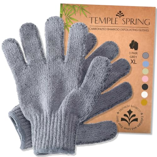 Temple Spring Exfoliating Gloves - Rayon Bamboo Bath/Shower Gloves, Bath Gloves for Shower Exfoliating and Ingrown Hair/Dead Skin Remover - Exfoliator Mitt Scrub Gloves - XL GREY