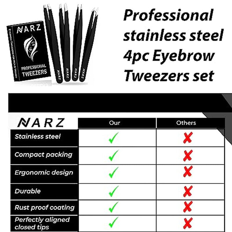 NARZ 4Pcs Professional Tweezers for Women Facial Hair Stainless Steel Precision Tweezers for Ingrown Hair Eyebrow Tweezer for Men & Women (Black Set)