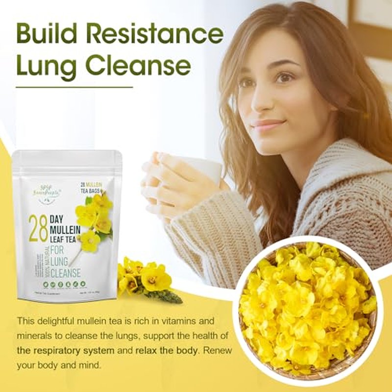 Mullein Leaf Tea for Lungs Cleanse, Immune and Respiratory Support, 100% Natural Lung Tea with Organic Mullein Leaf, Caffeine Free, 28 Tea Bags