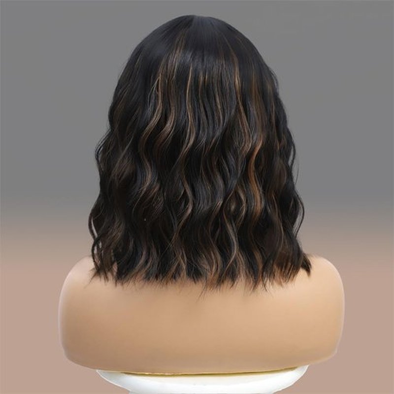 14 Inch Black Mixed Brown Highlights Wigs for Women Short Wavy Curly Wig With Bangs Natural Looking Synthetic Hair Wigs Heat Resistant Fiber Wig for Daily Party (Black Mixed Brown)