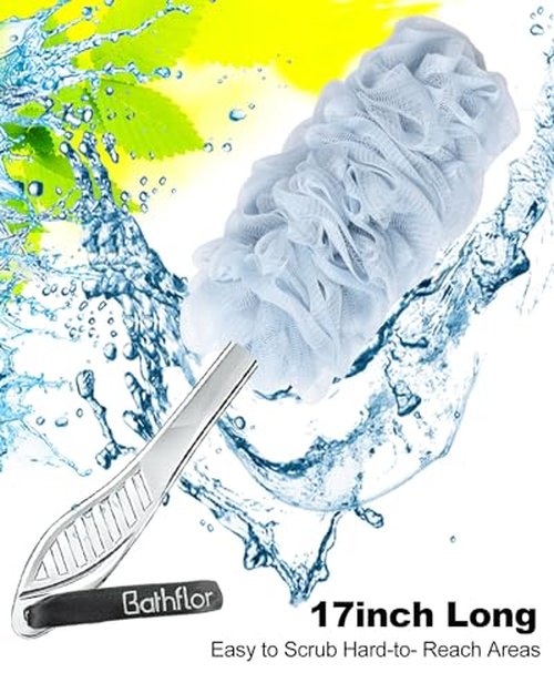 Bathflor Shower Loofah Sponge Exfoliating Body Scrubber 80g, Charcoal Loofa for Women & Men Bath Wash: 1 Long Handle Back Brush Plus 4 Packs Extra Large 80g Soft Mesh Luffa Poufs, 1 Lufa Hook (4Color)