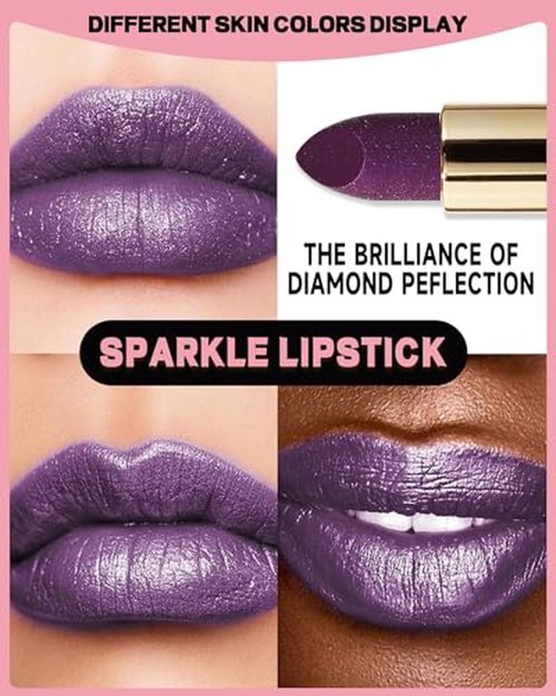 Glitter Metallic Purple Nude Shimmer Lipstick Long Lasting, High Shine Glitter Diamond Creamy Red Lipstick Transfer Proof Non-Stick Lip Gloss Shimmer High Impact Full Coverage Lip Makeup for Women-07
