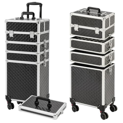 Leeora&Leekoo Portable Multi-Storey Nail Case for Nail Tech Organizer - Wheels Makeup Case Organizer, Cosmetic Case, Makeup Train Case, Make Up Case (Black)