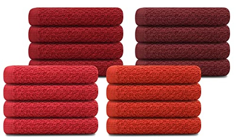 Tukasa Linens 16 Pack Cotton Washcloths for Body and Face, 12x12 Inches, Pack of 16, Multipurpose and Lightweight Wash Clothes for Face. Highly Absorbent - Travel and Bath Towel (Red Family)
