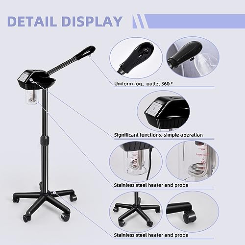 Retain time Facial Steamer, Face Steamer on on Wheels with More Steam, Adjustable Height for Face Steamer Suitable for Personal Home and Professional Personal Care Places，Moisturizing and Hydrating.