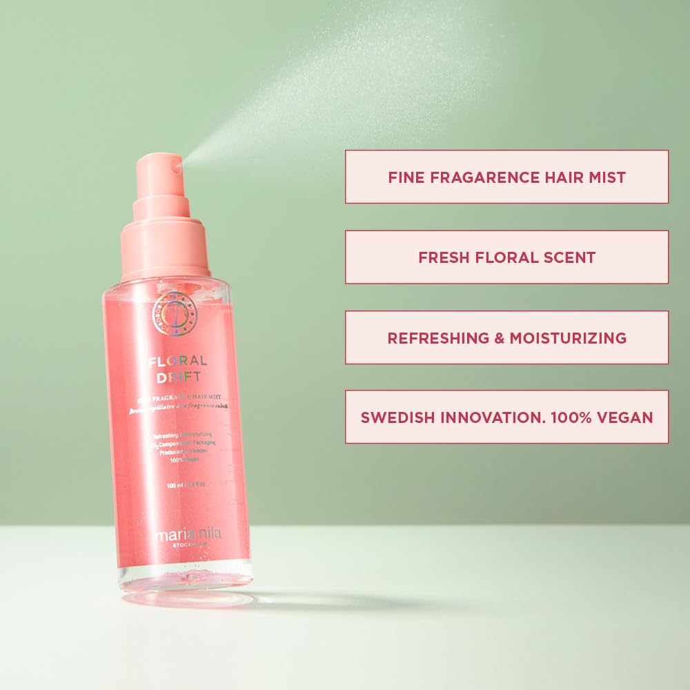 Maria Nila, Floral Drift 3.4 Fl Oz, Hair Mist with Floral-Fruity Scent. For Fragrant Refresh & Weightless Hydration, 100% Vegan