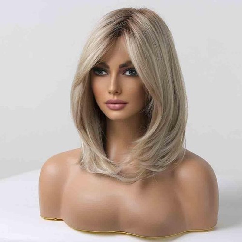 BERON Blonde Wig Long Layered Wigs for Women Blonde Wig with Dark Roots Layered Synthetic Hair Wig with Bangs