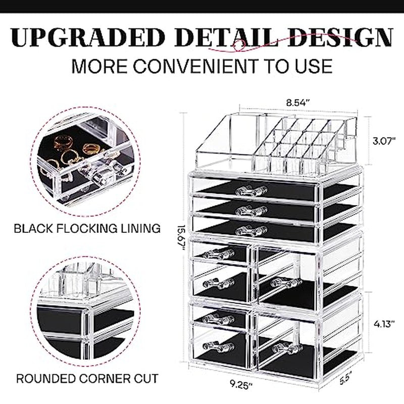 DreamGenius Makeup Organizer 4 Pieces, Acrylic Makeup Storage Box with 9 Drawers for Lipstick Jewelry and Makeup Brushes, Stackable Vanity Organizer for Dresser and Bathroom Countertop, Black