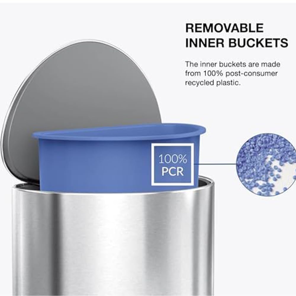 simplehuman Semi-Round Step Can, 6L / 1.6 Gallon Bathroom Trash Can, Liner Pocket®, Sleek Internal Hinge, 150,000-Step Pedal, Lid Shox® Silent Close, Brushed Stainless Steel