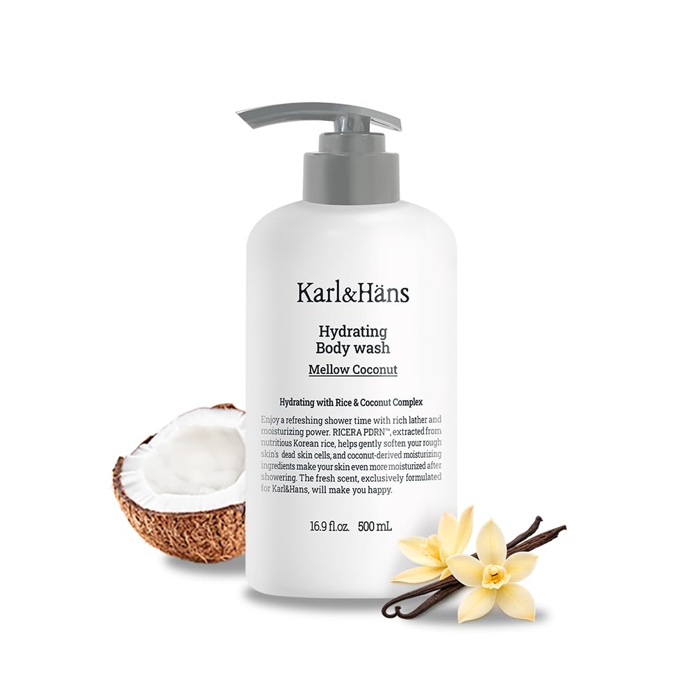 Karl&Hans Hydrating Body Wash, Korean Rice-Derived PDRN & Ceramide, Refreshing Cleanser, Skin Barrier Support, Non-Drying, with Coconut-Derived Moisturizers, 16.9 fl oz (Mellow Coconut)