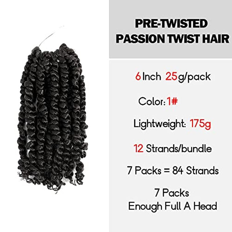 WUDAS Short Passion Twist Hair 8 Inch Pre-twisted Passion Twists Crochet Hair Jet Black Pre-looped Synthetic Crochet Braids (7 Packs,1#)