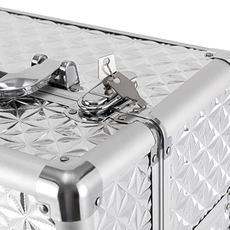Rolling Makeup Train Case with Drawers, Cosmetic Travel Trolley, Storage Sliding Drawer 4 Tray Cosmetics Beauty Organizer Lockable Luggage Trolley (Silver)