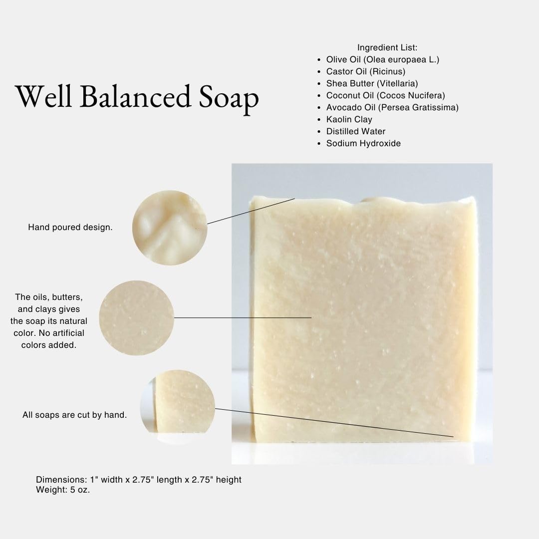 Well Balanced Soap Bar, Basic All Natural Bar made with Kaolin Clay, Fragrance Free, Cold Processed, Paraben Free