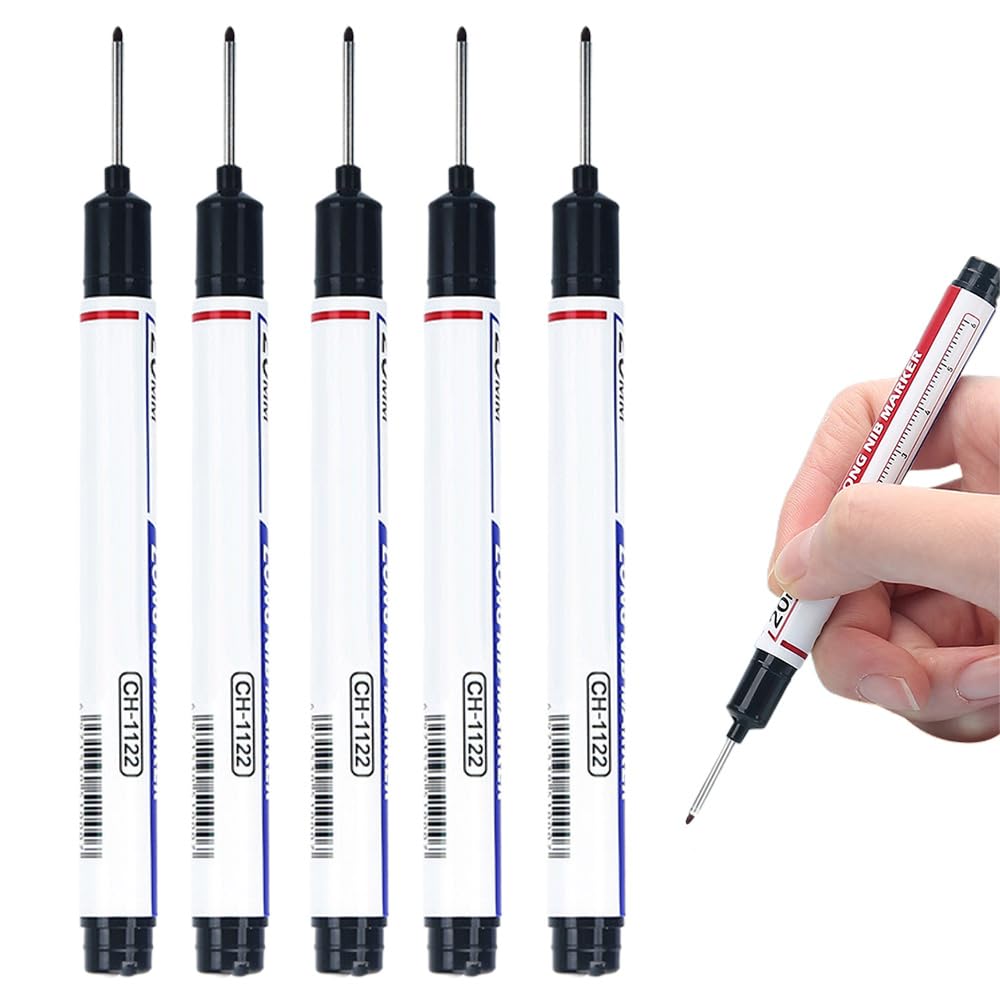 5PCS Long Head Deep Hole Marker Pens, 20mm Deep Reach Markers, Waterproof Construction Markers Marking Tool, Long Nose Marker, Permanent Markers Carpenter Ink Marker Pens, Metal Marking Pen (A-BK)