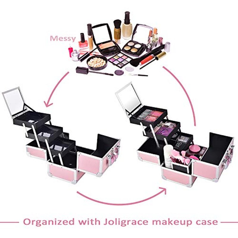 Joligrace Makeup Box Organizer, 11.6-inch Makeup Case Storage, Large Train Case with 3 Tackle Trays and Mirror, Carrying Make-up Train Case with Brush Holder, Lockable Cosmetic Travel Storage Black