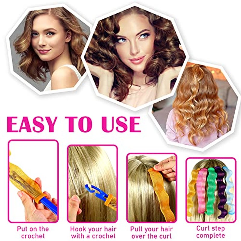 Yilloog 60-Piece Spiral Curlers Styling Kit - 2 Styles No-Heat Silicone Wave Curlers with Hooks and Bags for Long, Medium, and Short Hair (7.8 Inch)