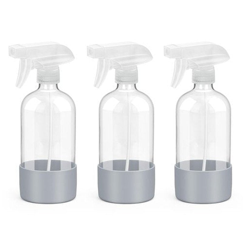 Rionisor Glass Spray Bottles with Silicone Sleeve Protection, Empty 16 oz Refillable Containers, Reusable Spray Bottles with Adjustable Nozzle for Hair, Cleaning Solutions, 3 Pack Grey